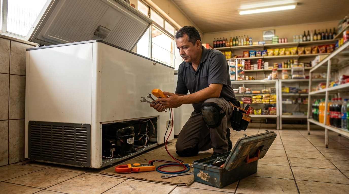 Profissional executando manutenção no motor de freezer em Governador Valadares‑MG