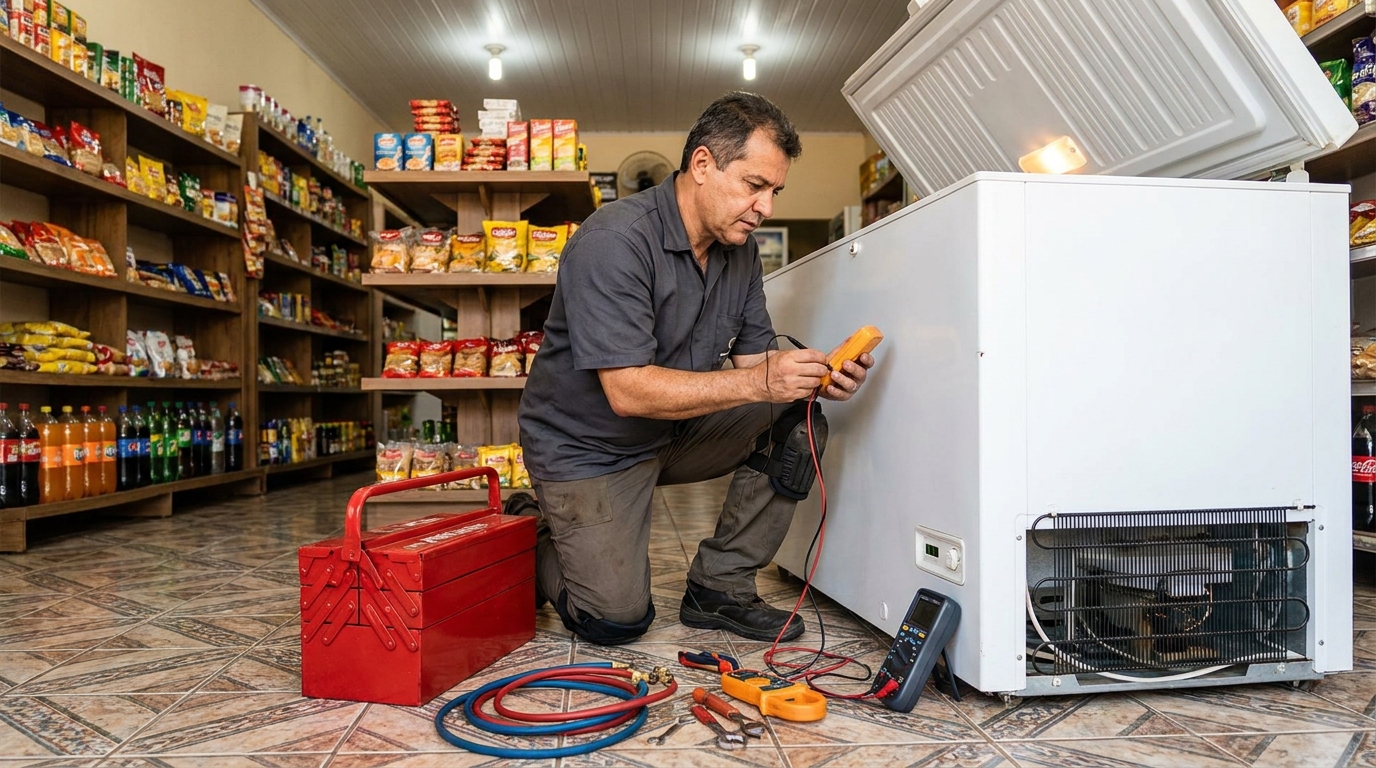 Recarga de gás refrigerante no freezer durante atendimento em Governador Valadares‑MG